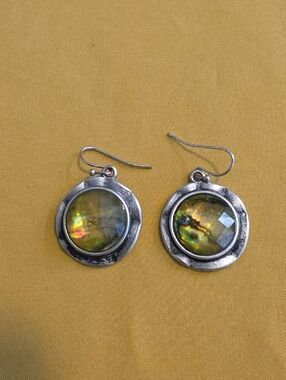 Pretty Iridescent Green and Blue  Faceted Stone Earrings In Silver-Tone Metal